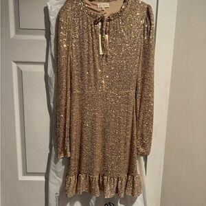 MELLODAY Shimmering Gold Sequin Dress with long sleeves encrust-gold sequins